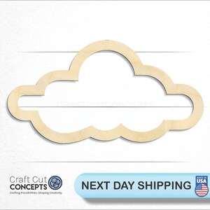 May include: A wooden cutout of a cloud shape. The cloud is a simple design with rounded edges. It is made of unfinished wood.