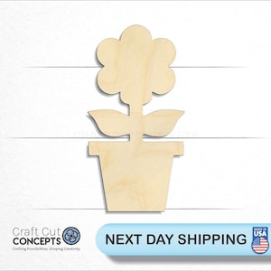 May include: Wooden cutout of a flower in a pot. The flower has five petals and two leaves. The pot is round and has a lip.