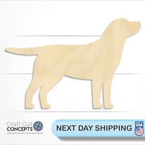 May include: A wooden cutout of a Labrador Retriever dog in a standing position. The cutout is made of unfinished wood and is ready to be painted or stained.
