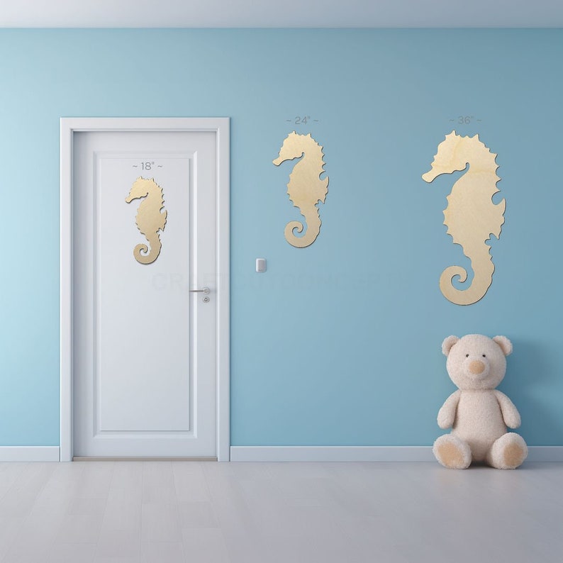 Seahorse Shape sign shapes on a door and wall to view the scale.
