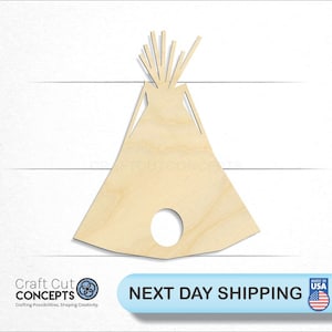 May include: Wooden cutout of a teepee, a traditional Native American dwelling. The teepee is light brown and has a small opening at the bottom. The teepee is a popular craft project for children and adults.