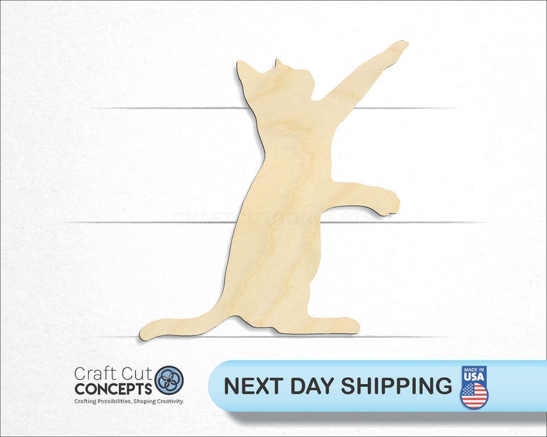 Playful Playing Cat Shape wood craft blank, front view, ships next day