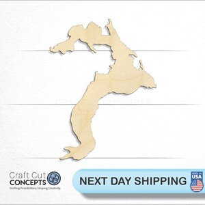 May include: A wooden cutout of a lake in the shape of a long, narrow S. The cutout is light brown and has a smooth, unfinished surface. The cutout is on a white background.