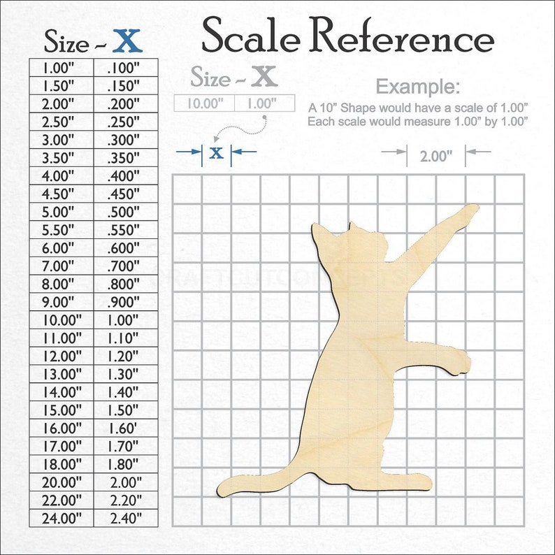 Playful Playing Cat Shape unfinished wood craft blank showing the measurement scale.
