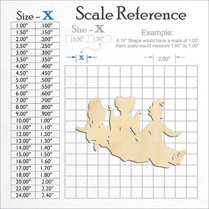 Flying Witches Shape unfinished wood craft blank showing the measurement scale.