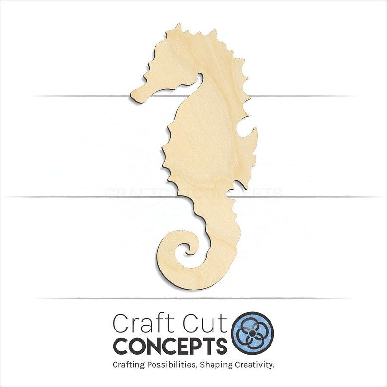 Seahorse Shape Unfinished wood blank product view with Craft Cut Concepts logo.