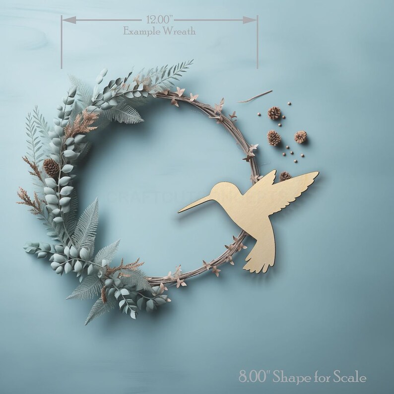 Hummingbird Craft Shape wood craft shape on a wreath showing scale.