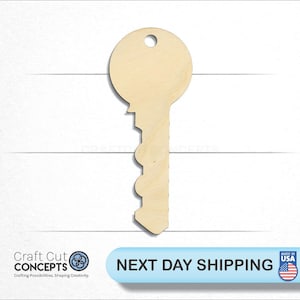 May include: A wooden key shape with a hole at the top for hanging. The key is unfinished and ready to be painted or stained.