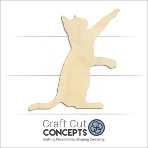 Playful Playing Cat Shape Unfinished wood blank product view with Craft Cut Concepts logo.