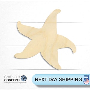 May include: A wooden cutout of a starfish in a light brown color. The cutout is approximately 5 inches wide and 4 inches tall.