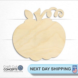 May include: Unpainted wooden pumpkin cutout with a stem and leaf detail. The pumpkin is approximately 6 inches in diameter.