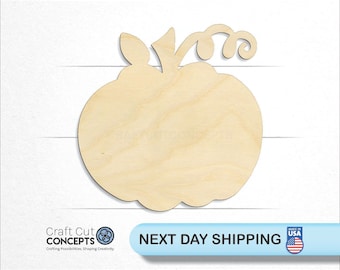 May include: Unpainted wooden pumpkin cutout with a stem and leaf detail. The pumpkin is approximately 6 inches in diameter.