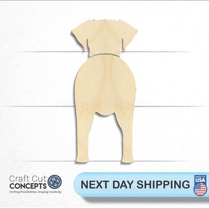May include: A wooden cutout of a dog's rear end, with a simple design. The cutout is made of unfinished wood and is ready to be painted or stained.