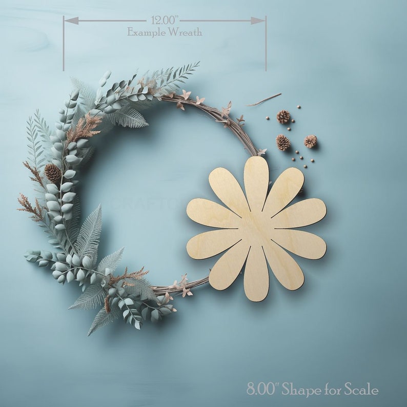 Daisy Flower Petals wood craft shape on a wreath showing scale.