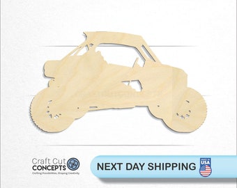 May include: A wooden cutout of a side view of a  utility terrain vehicle (UTV) with a roll cage. The UTV has four wheels and a driver's seat. The cutout is unpainted and ready to be decorated.