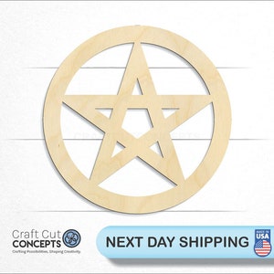 May include: A wooden cutout of a pentagram, a five-pointed star, inside a circle. The cutout is unpainted and has a natural wood color.