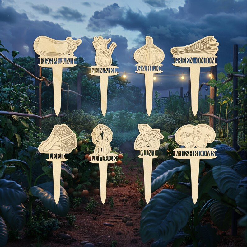 Op de afbeelding: Set van 10 houten tuinmarkeringen met verschillende illustraties van groenten en kruiden. De markeringen zijn gelabeld met de namen van de planten: aubergine, venkel, knoflook, groene ui, prei, sla, munt, champignons.