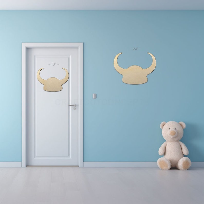 Vikings Norse Helmet Shape sign shapes on a door and wall to view the scale.
