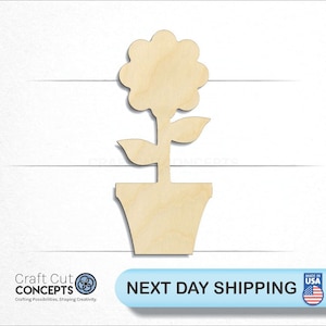 May include: A wooden cutout of a flower in a pot. The flower has a simple design with five petals and a stem with two leaves. The pot is a simple rounded shape.