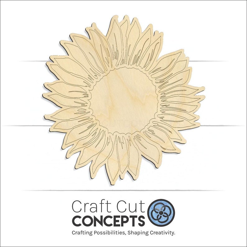 Sun Flower Engraved Details Unfinished wood blank product view with Craft Cut Concepts logo.