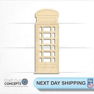 May include: A wooden cutout of a red British telephone booth. The cutout is approximately 12 inches tall and 6 inches wide. The booth has a traditional design with a rounded roof and a door with a small window. The cutout is made of unfinished wood and is ready to be painted or stained.