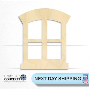 May include: A wooden cutout of a window with an arched top and four panes. The window is made of unfinished wood and is ready to be painted or stained.