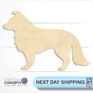 May include: A wooden cutout of a dog in a standing position. The cutout is made of unfinished, light-colored wood.