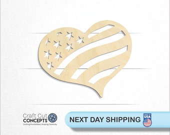 US Flag Heart - Laser Cut Unfinished Wood Cutout Craft Shapes