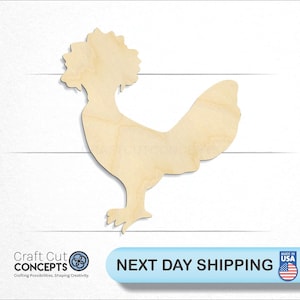 May include: A wooden cutout of a rooster with a large comb and wattles. The rooster is standing on two legs and has a long tail.