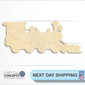 May include: A wooden cutout of a vintage steam locomotive train engine. The cutout is unpainted and ready for crafting projects.