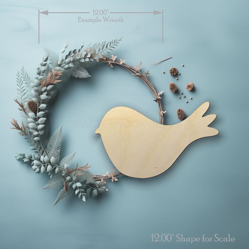 Bird Cute Craft Shape wood craft shape on a wreath showing scale.