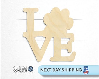 Love Paw Print - Laser Cut Unfinished Wood Cutout Craft Shapes