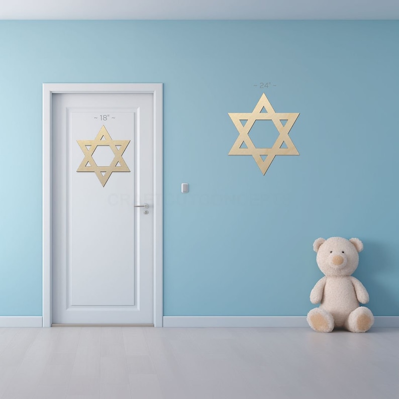 Star of David sign shapes on a door and wall to view the scale.