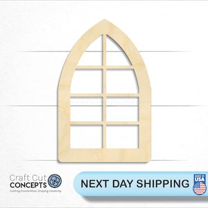 May include: A wooden cutout of a large arched window with multiple panes. The window is made of unfinished wood and is ready to be painted or stained.