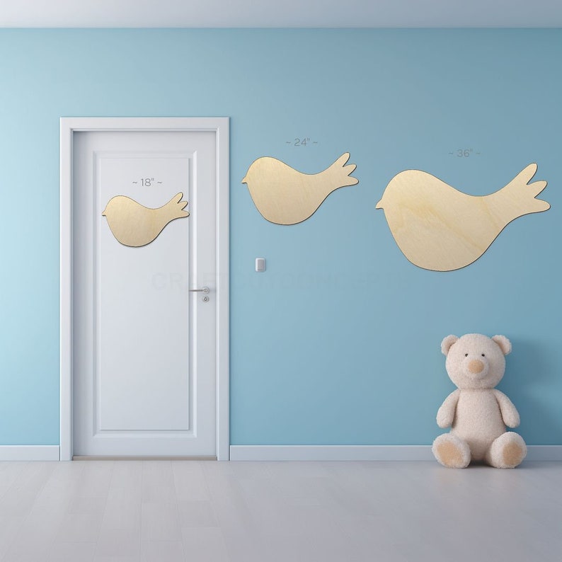 Bird Cute Craft Shape sign shapes on a door and wall to view the scale.