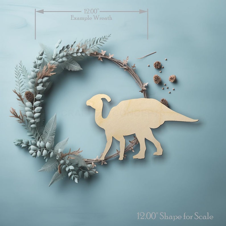 Hadrosaurid Duck Billed Dinosaur Shape wood craft shape on a wreath showing scale.