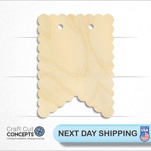 May include: A wooden banner with a scalloped edge and two holes for hanging. The banner is unfinished and ready to be painted or stained.