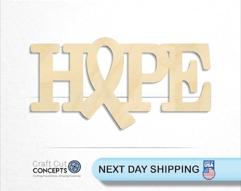 May include: Wooden cutout of the word "HOPE" with a ribbon in the center. The ribbon is a symbol of support and awareness for various causes.