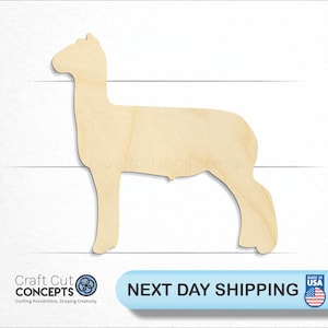 May include: A wooden cutout of a llama in a standing pose. The llama is made of light-colored wood and has a smooth surface. The image includes the text "Craft Cut Concepts" and "Next Day Shipping".