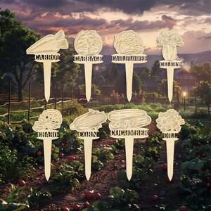 Op de afbeelding: Set van acht houten tuinmarkeringen met illustraties van verschillende groenten en de namen van de groenten: Wortel, Kool, Bloemkool, Selderij, Bladspinazie, Ma&iuml;s, Komkommer en Dille.