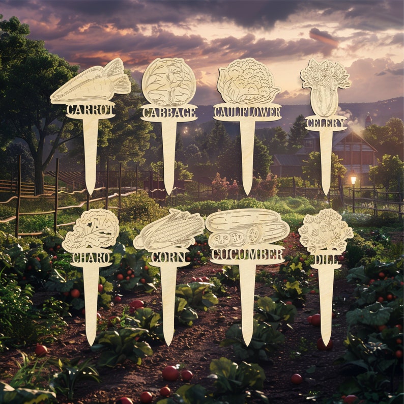 Op de afbeelding: Set van acht houten tuinmarkeringen met illustraties van verschillende groenten en de namen van de groenten: Wortel, Kool, Bloemkool, Selderij, Bladspinazie, Ma&iuml;s, Komkommer en Dille.