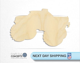 May include: A wooden cutout of a monster truck. The truck is in profile view with large wheels and a raised cab. The cutout is unpainted and ready for crafting.