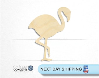 May include: A wooden cutout of a flamingo in a standing pose. The cutout is unpainted and has a natural wood color.