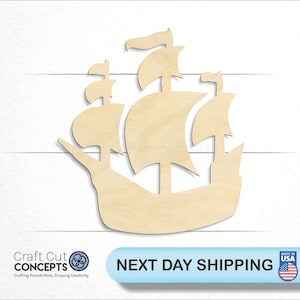 May include: A wooden cutout of a ship with three sails. The ship is a light brown color and has a simple design. The cutout is perfect for crafting projects.