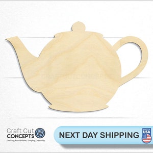 May include: A wooden cutout of a teapot, perfect for crafting and decorating. The teapot is unpainted and has a simple, classic design.