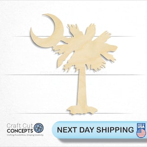 May include: Wooden cutout of the South Carolina state flag, featuring a palmetto tree and a crescent moon. The cutout is unpainted and ready for crafting.