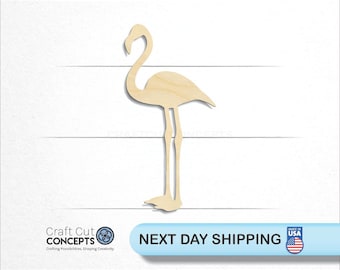 May include: Wooden cutout of a flamingo, standing on one leg, with a long neck and a curved beak. The cutout is unpainted and has a natural wood color.