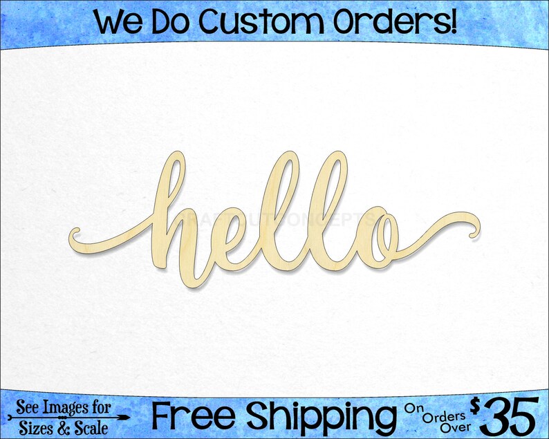 Hello Script Unfinished Wood Sign Laser Cut Hanging Wall - Etsy