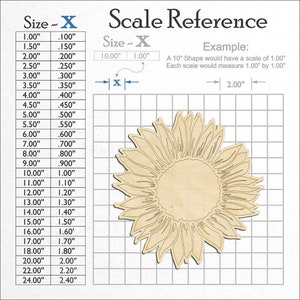 Sun Flower Engraved Details unfinished wood craft blank showing the measurement scale.