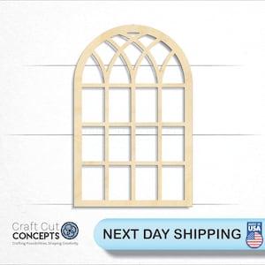 May include: A wooden cutout of an arched window with a grid pattern. The window is made of natural wood and has a light brown color.